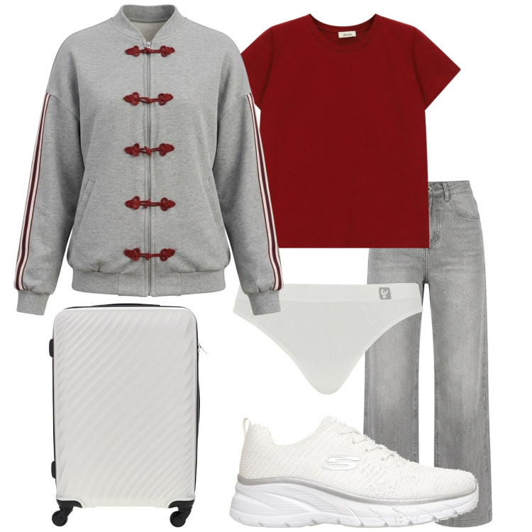 Outfit donna - Vado a Londra. Stile Casual per Tutti i giorni. Abbinamento con felpe, t-shirt, jeans, perizomi, valigie, sneakers.