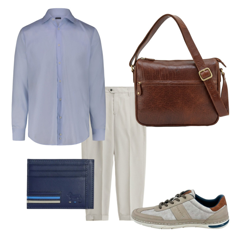 Outfit uomo - Ufficio e via. Stile Business/Elegante per Ufficio. Abbinamento con pantaloni, portafogli, camicie, sneakers, borse sportive.