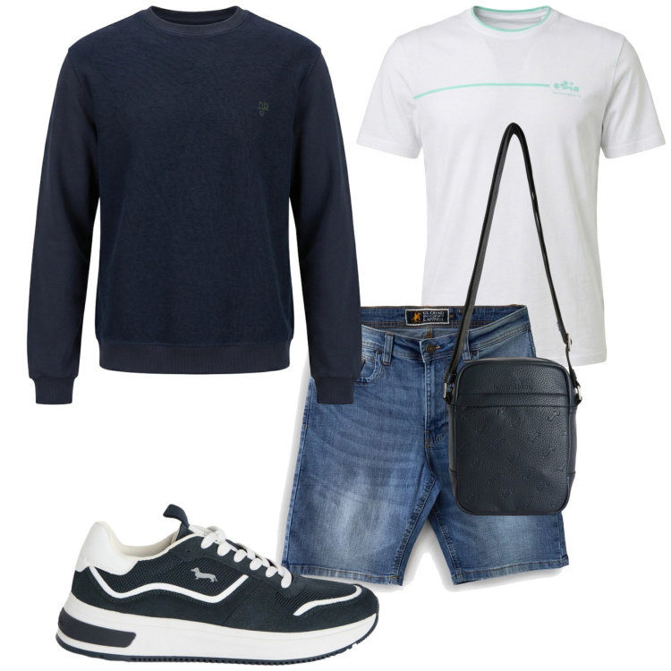 Outfit uomo - Sere d\'estate. Stile Casual per Tutti i giorni. Abbinamento con sneakers, borse sportive, t-shirt, felpe, bermuda.