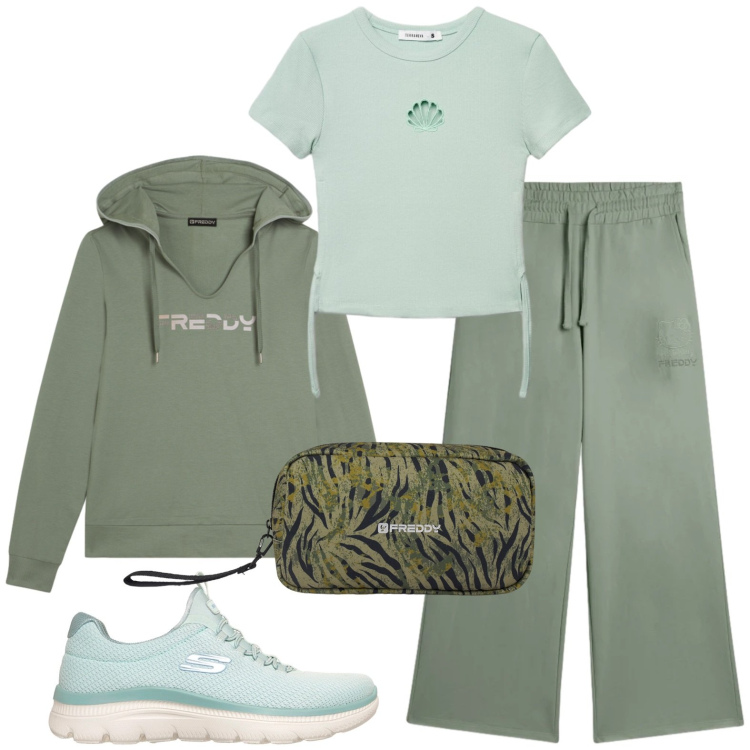 Outfit donna - Alpine. Stile Casual per Tutti i giorni. Abbinamento con t-shirt, felpe con cappuccio, pantaloni, valigie, scarpe sportive.