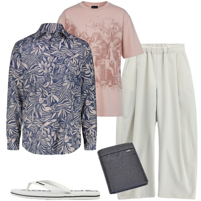 Outfit uomo - Total look #2444661. Stile Trendy per Mare. Abbinamento con pantaloni a palazzo, camicie, sandali, portafogli, t-shirt.