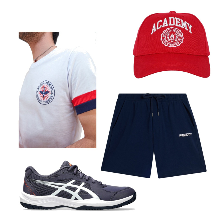 Outfit uomo - Total look #2444662. Stile Casual per Sport. Abbinamento con cappelli, pantaloni corti, scarpe sportive, t-shirt.