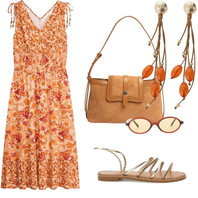 Outfit donna - Boho Chic: comoda, con un look ricercato. Stile Boho per Tutti i giorni. Abbinamento con vestiti, occhiali da sole, orecchini, borse a tracolla, sandali.