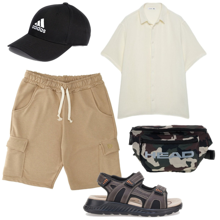 Outfit uomo - Resort mood. Stile Casual per Mare. Abbinamento con camicie a manica corta, pantaloni corti, cappelli con visiera, borse sportive, sandali.