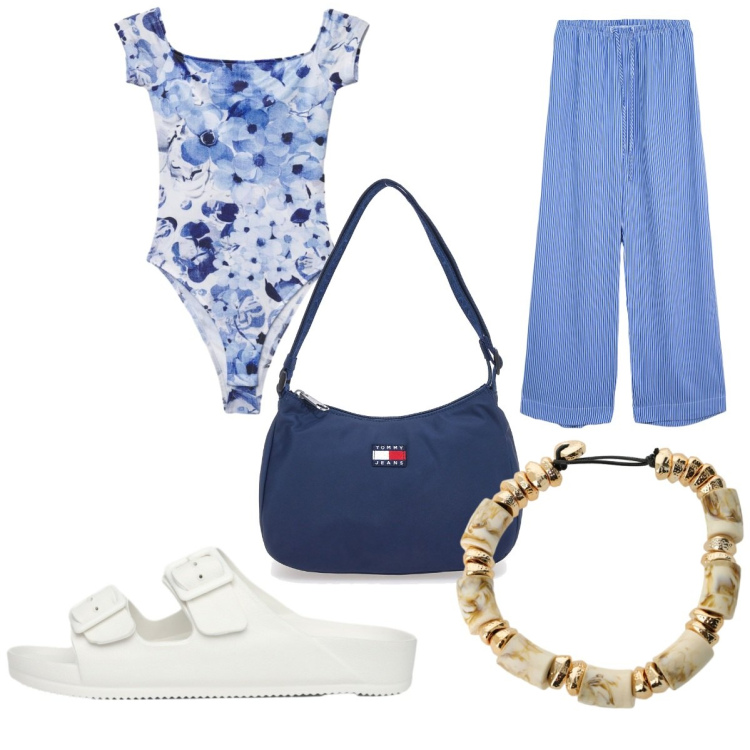 Outfit donna - Agosto: azzurro mare. Stile Sporty chic per Mare. Abbinamento con ciabatte, pantaloni, top, braccialetti, borse a spalla.