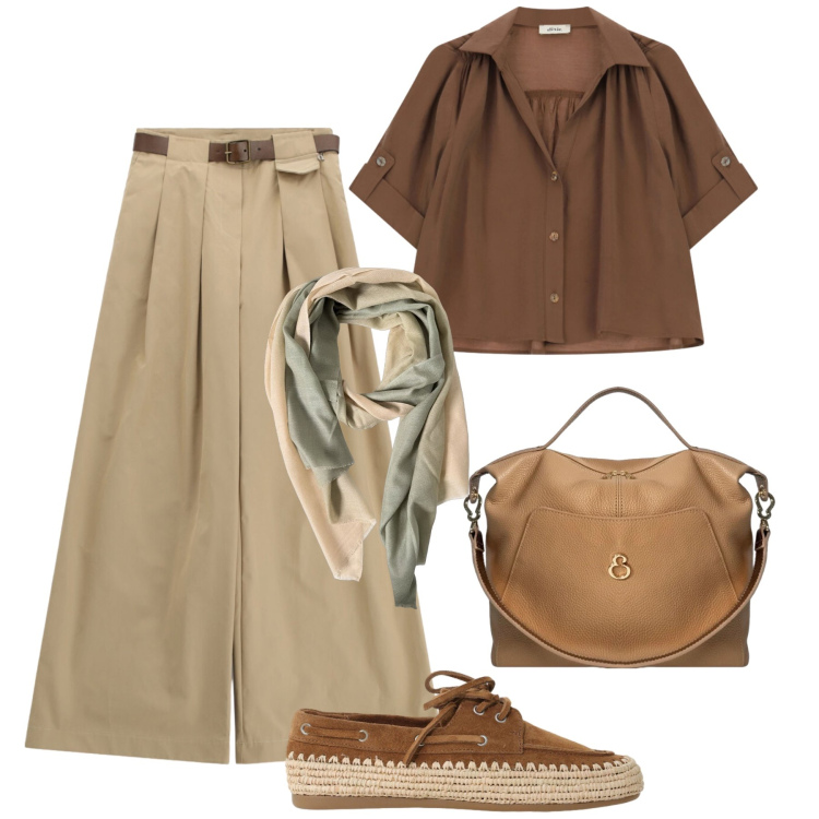 Outfit donna - Vacanze in collina. Stile Casual per Tutti i giorni. Abbinamento con scarpe stringate, camicie, pantaloni a palazzo, borse a mano, foulard.
