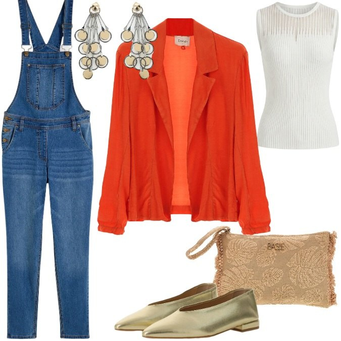 Outfit donna - Total look #2444671. Stile Trendy per Tutti i giorni. Abbinamento con salopette, canottiere, ballerine, blazer, orecchini, pochette.