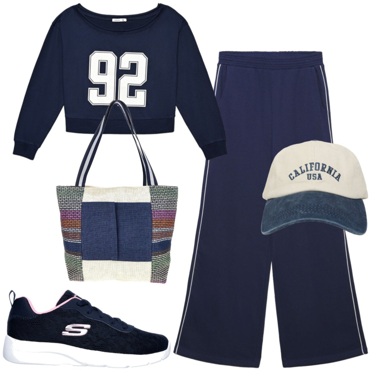 Outfit donna - Sportiva. Stile Casual per Tutti i giorni. Abbinamento con pantaloni sportivi, cappelli con visiera, felpe, shopping bag, scarpe sportive.