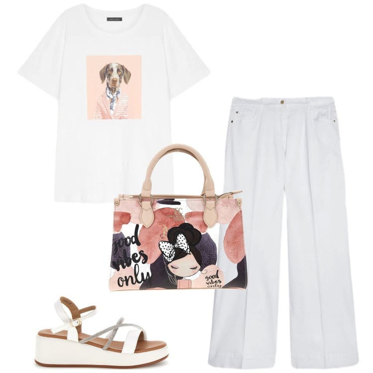 Outfit donna - Total look #2444674. Stile Casual per Tutti i giorni. Abbinamento con pantaloni, t-shirt, borse a mano, sandali.