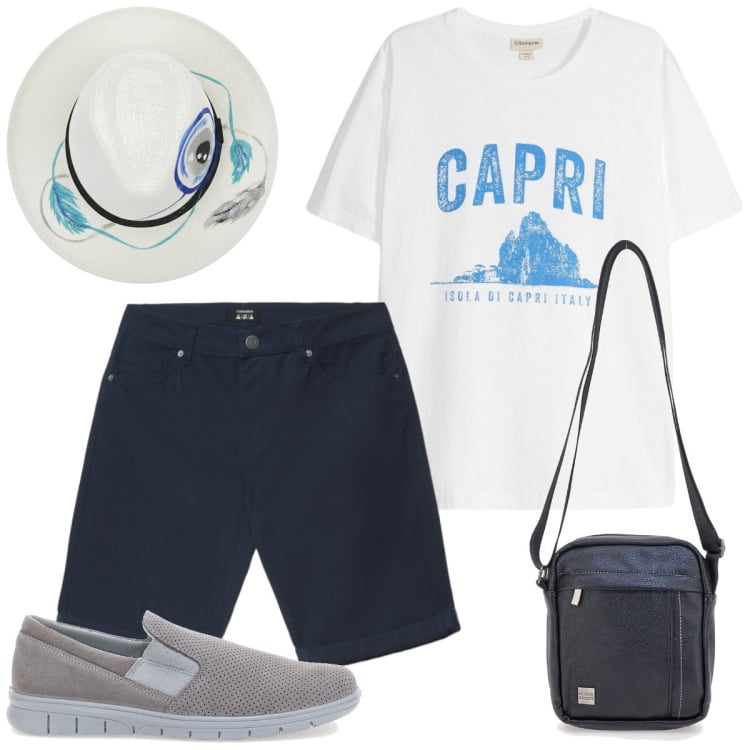 Outfit uomo - Resort sul mare. Stile Casual per Tutti i giorni. Abbinamento con t-shirt, bermuda, scarpe stringate, cappelli, borse sportive.