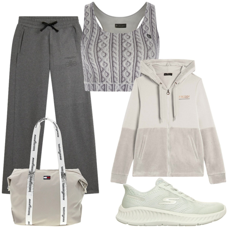 Outfit donna - Total look #2444683. Stile Casual per Tutti i giorni. Abbinamento con felpe con cappuccio, top sportivi, pantaloni sportivi, scarpe sportive, shopping bag.