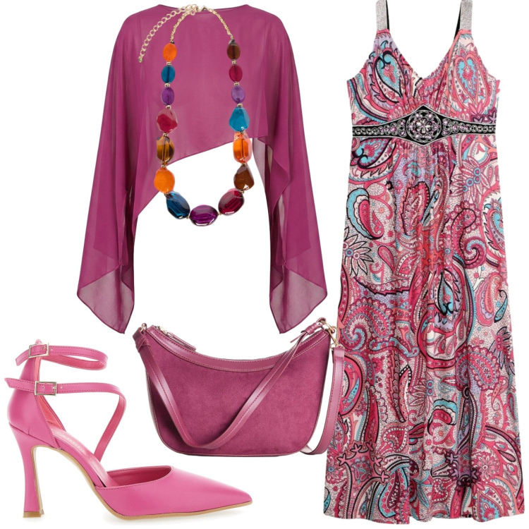 Outfit donna - Total look #2444687. Stile Casual chic per Serata fuori. Abbinamento con vestiti lunghi, borse a tracolla, top, collane, décolleté.