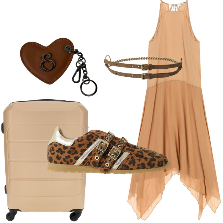 Outfit donna - Leggerezza elegante. Stile Basic per Tutti i giorni. Abbinamento con vestiti lunghi, cinture, sneakers, portachiavi, valigie.