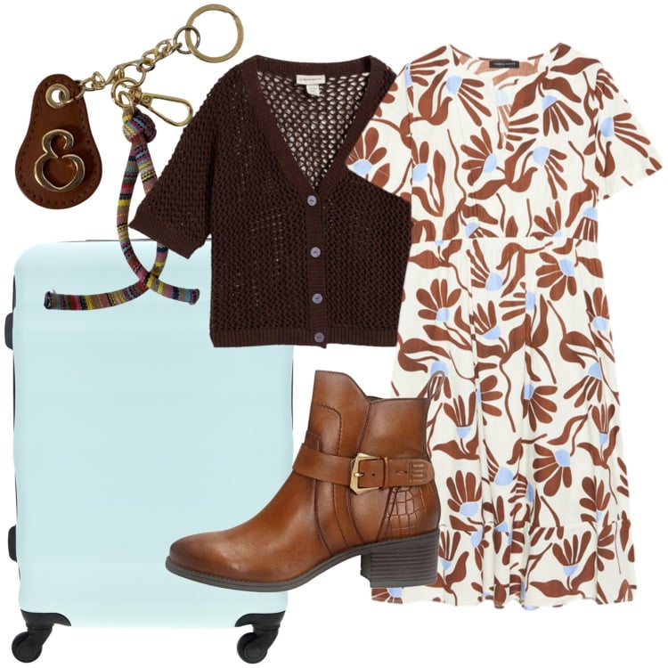 Outfit donna - Fantasia raffinata. Stile Trendy per Tutti i giorni. Abbinamento con cardigans, vestiti lunghi, portachiavi, stivaletti, valigie.