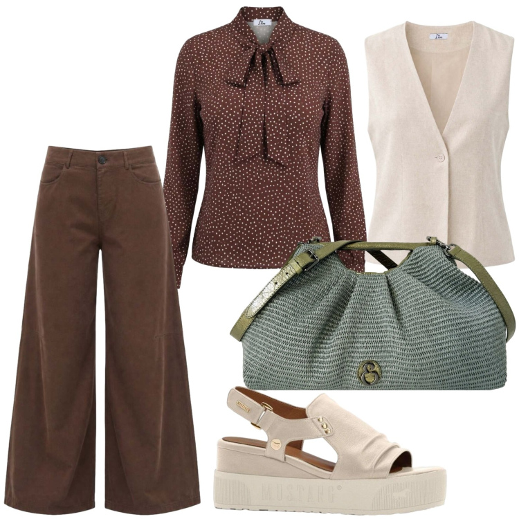 Outfit donna - Pois chic. Stile Casual per Ufficio. Abbinamento con sandali, pantaloni a palazzo, gilet, bluse, clutch.