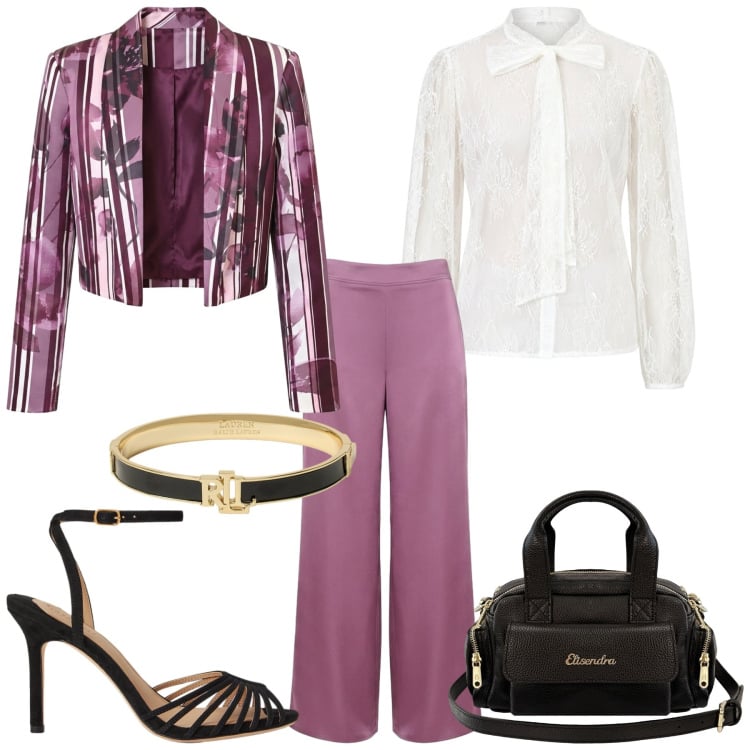 Outfit donna - Total look #2444712. Stile Glamour per Cerimonia. Abbinamento con blazer, pantaloni a palazzo, camicie, braccialetti, sandali col tacco, borse a mano.
