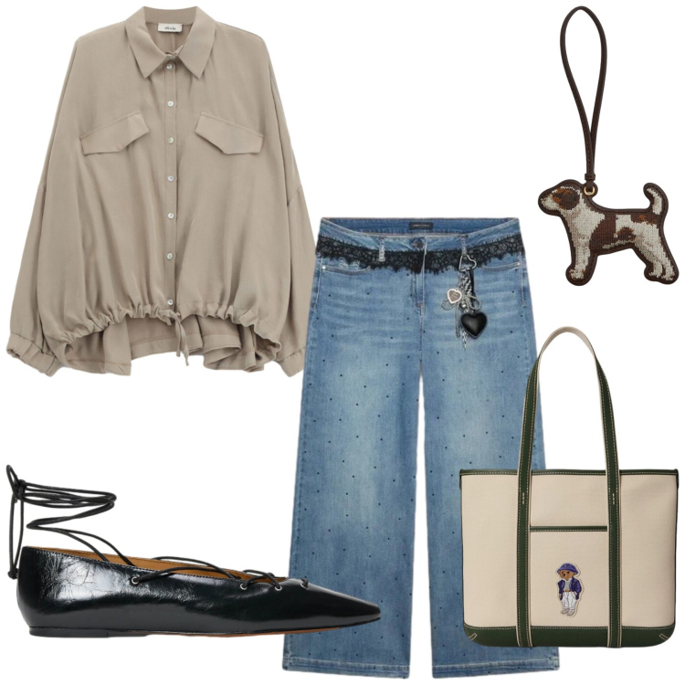 Outfit donna - Total look #2444714. Stile Casual chic per Tutti i giorni. Abbinamento con camicie, jeans, borse tote, ballerine, ciondoli.