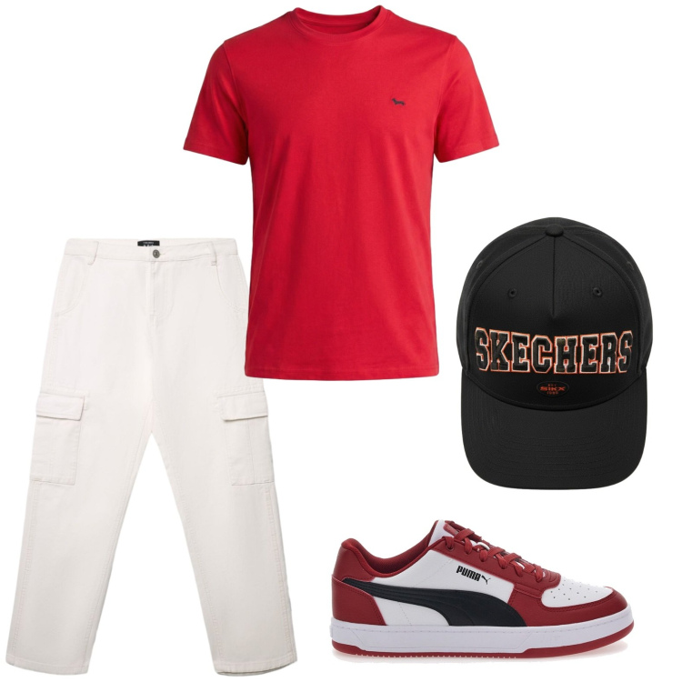 Outfit uomo - Total look #2444716. Stile Casual per Tutti i giorni. Abbinamento con pantaloni cargo, t-shirt, sneakers, cappelli.