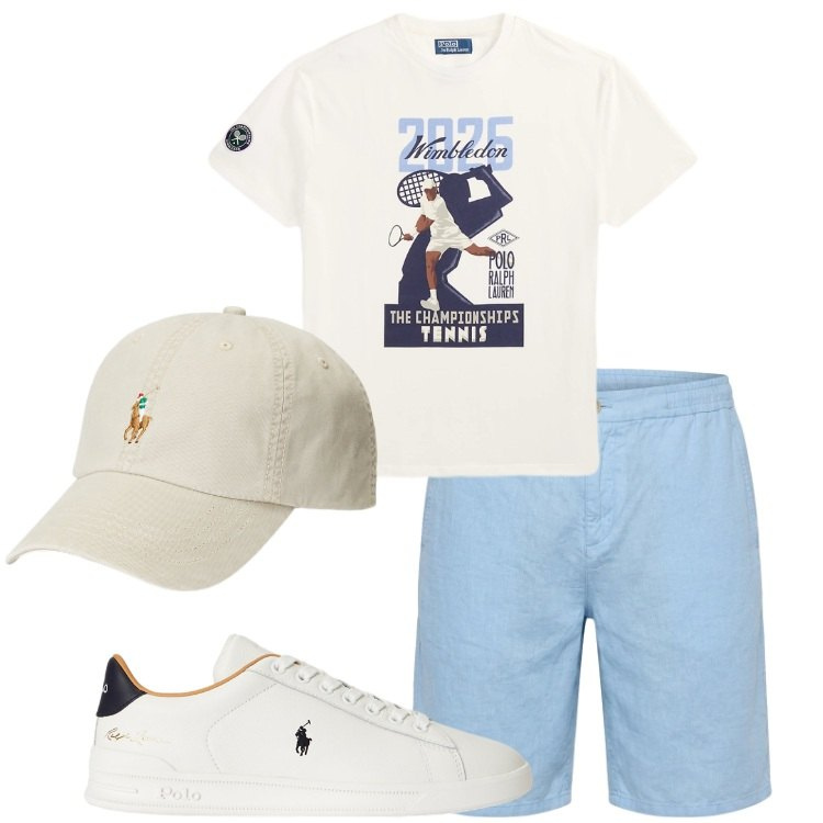 Outfit uomo - Tennis. Stile Casual per Sport. Abbinamento con bermuda, cappelli, t-shirt, sneakers.