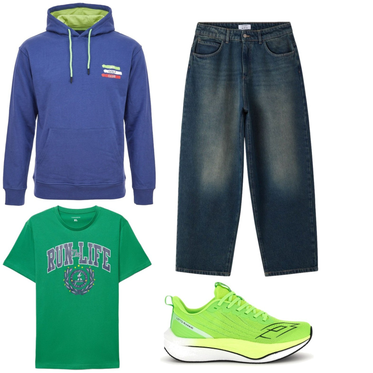 Outfit uomo - Total look #2444718. Stile Casual per Tutti i giorni. Abbinamento con jeans, t-shirt, felpe con cappuccio, sneakers.