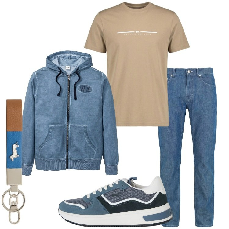 Outfit uomo - Una felpa per la sera. Stile Casual per Tutti i giorni. Abbinamento con felpe con cappuccio, jeans, t-shirt sportive, portachiavi, sneakers.