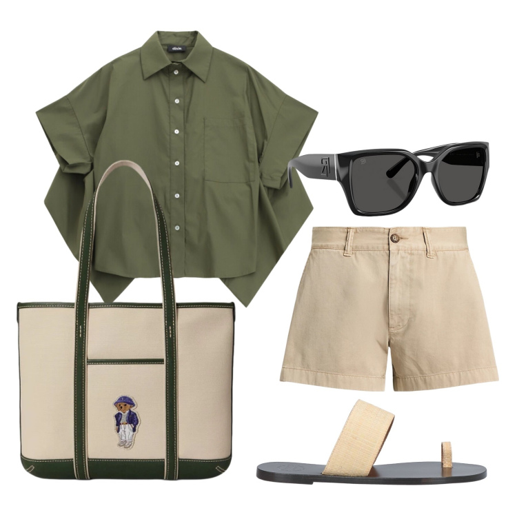 Outfit donna - Agosto. Stile Trendy per Tutti i giorni. Abbinamento con ciabatte, camicie a manica corta, occhiali da sole, shorts, borse tote.
