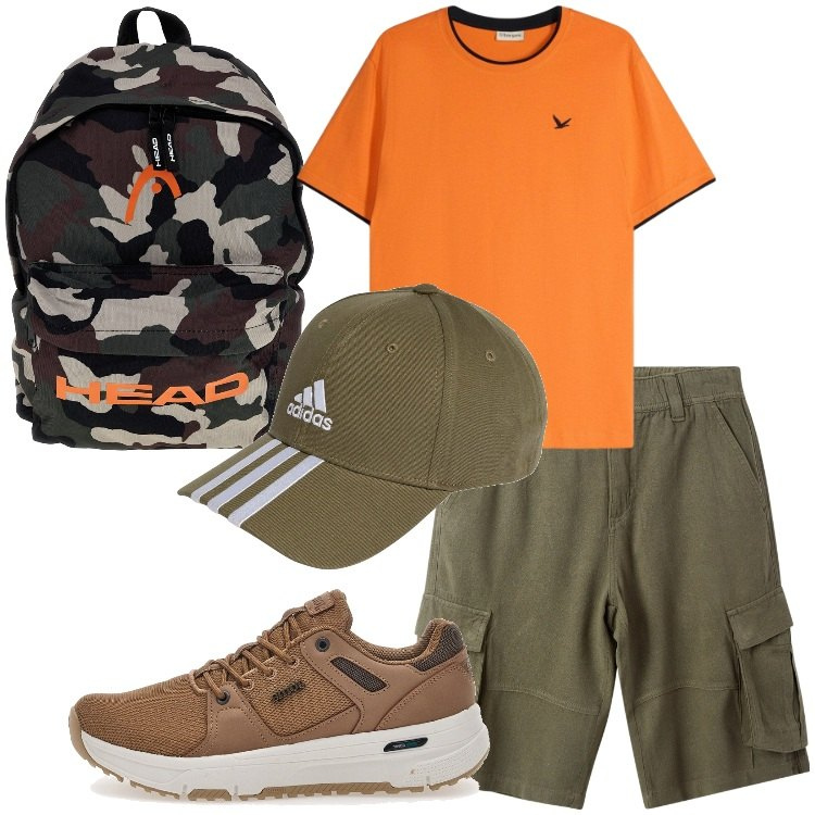 Outfit uomo - Pronto per la gita. Stile Casual per Tutti i giorni. Abbinamento con t-shirt, bermuda, cappelli con visiera, sneakers, borse sportive.