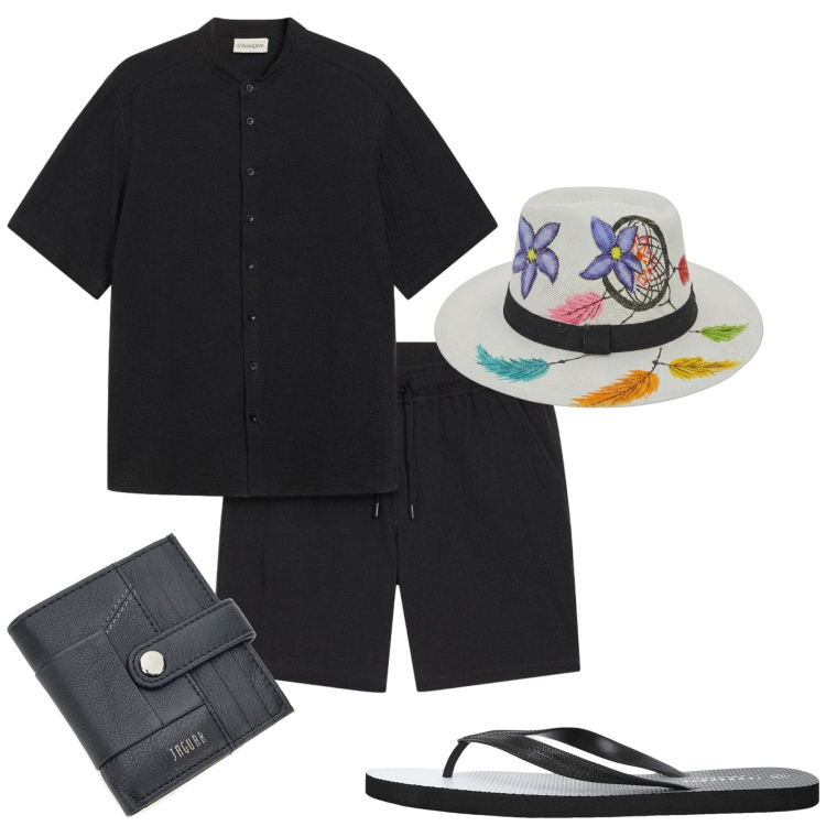 Outfit uomo - Total look #2444726. Stile Trendy per Mare. Abbinamento con abiti, sandali, portafogli, cappelli.