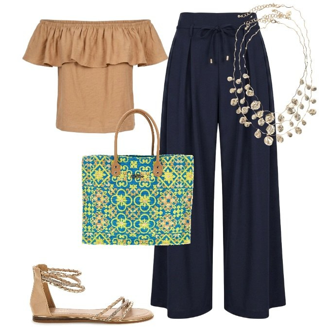 Outfit donna - Ispirazioni Mediterranee - vacanziero. Stile Casual chic per Tutti i giorni. Abbinamento con collane, top, pantaloni a palazzo, borse a spalla, sandali.