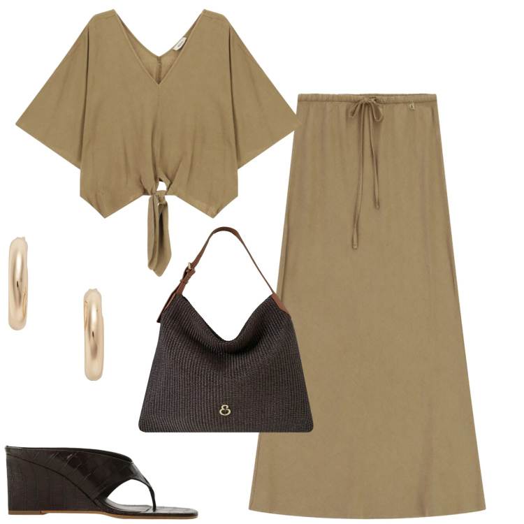 Outfit donna - Agosto. Stile Casual chic per Tutti i giorni. Abbinamento con sandali, bluse, gonne lunghe, orecchini, borse a spalla.
