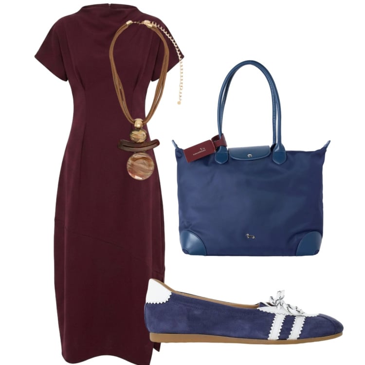 Outfit donna - Giornaliero informale. Stile Casual chic per Tutti i giorni. Abbinamento con shopping bag, ballerine, vestiti lunghi, ciondoli.