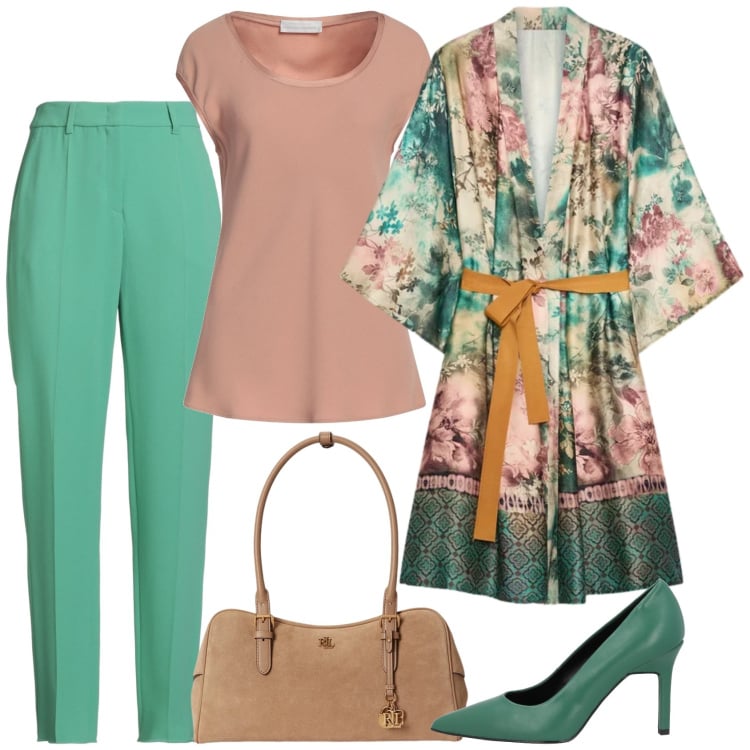 Outfit donna - Gioco di colori. Stile Casual chic per Serata fuori. Abbinamento con décolleté, pantaloni, top, kimono, borse a mano.