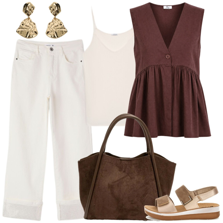 Outfit donna - Morbida e elegante. Stile Casual per Ufficio. Abbinamento con jeans, gilet, orecchini, borse a spalla, canottiere, sandali.