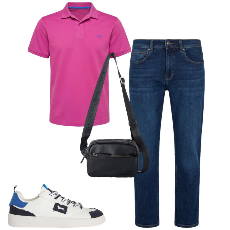 Outfit uomo - Agosto. Stile Casual per Tutti i giorni. Abbinamento con sneakers, polo, jeans dritti, borse sportive.