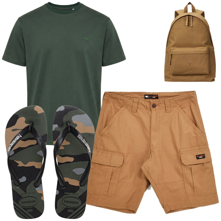 Outfit uomo - In vacanza. Stile Casual per Tutti i giorni. Abbinamento con t-shirt, borse sportive, sandali, bermuda.