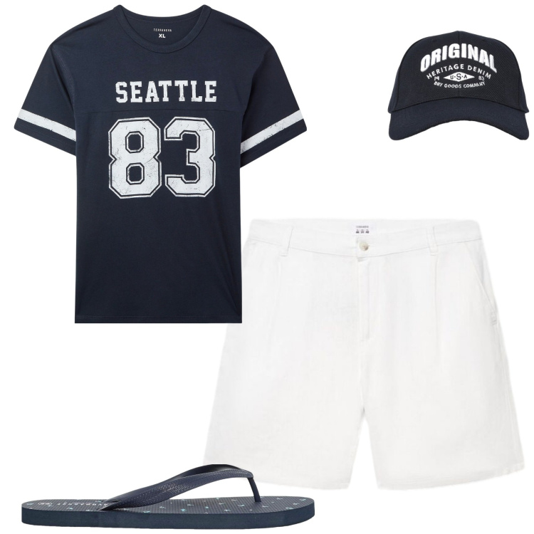 Outfit uomo - Agosto. Stile Casual per Tutti i giorni. Abbinamento con t-shirt, sandali, cappelli con visiera, pantaloni corti.