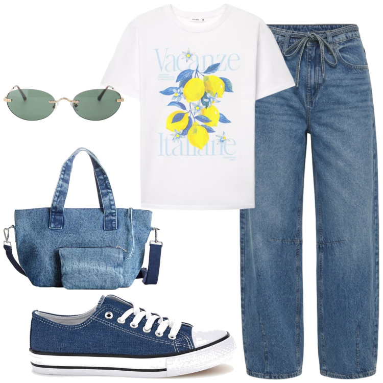 Outfit donna - Vacanze in Denim al Sole. Stile Casual per Tutti i giorni. Abbinamento con borse a mano, jeans, t-shirt, occhiali da sole, portafogli, sneakers.