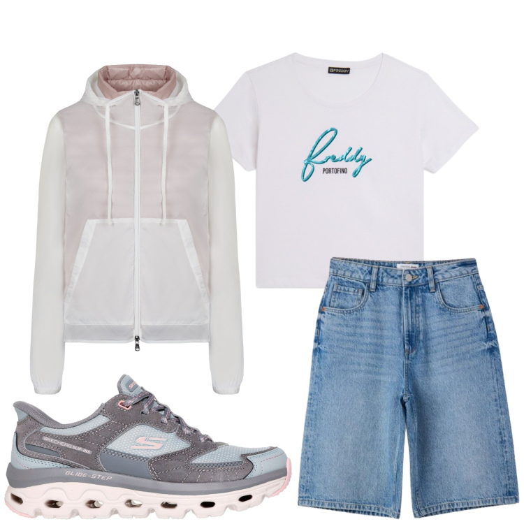 Outfit donna - Alpine Altitude. Stile Basic per Tutti i giorni. look ideale per Petite. Abbinamento con bermuda, t-shirt, blazer, sneakers.