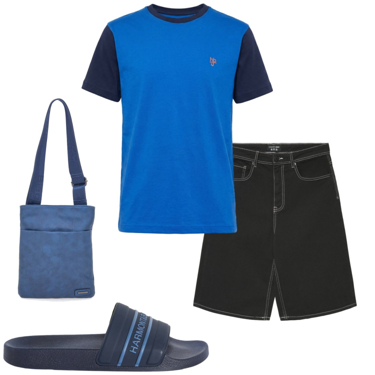 Outfit uomo - Al mare. Stile Casual per Mare. Abbinamento con sandali, t-shirt, pantaloni corti, portafogli.