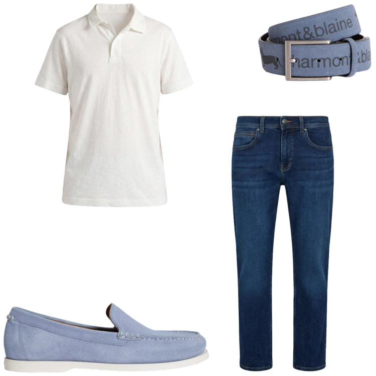 Outfit uomo - Agosto in città. Stile Casual per Tutti i giorni. Abbinamento con cinture, jeans dritti, polo, scarpe stringate.