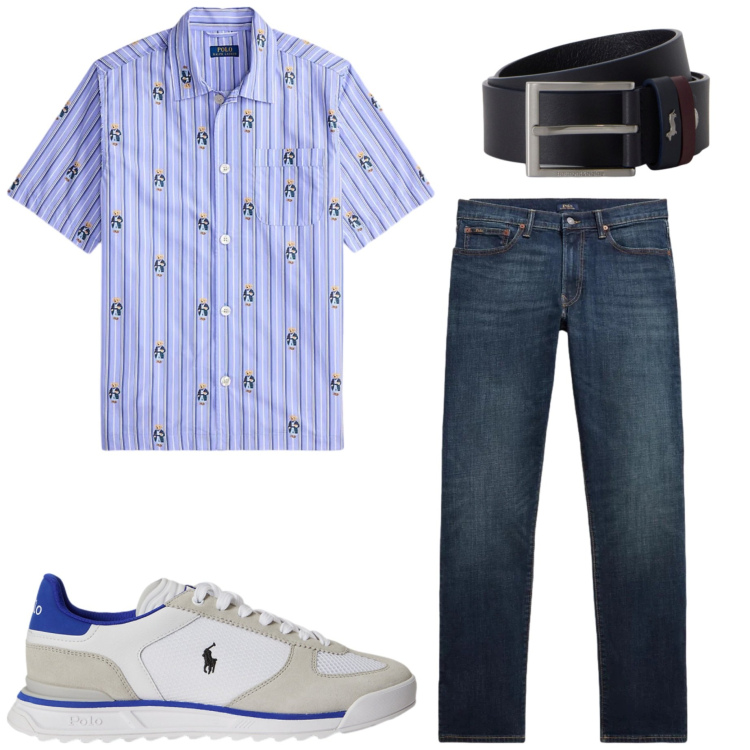 Outfit uomo - Agosto in città. Stile Casual per Tutti i giorni. Abbinamento con cinture, camicie a manica corta, sneakers, jeans.