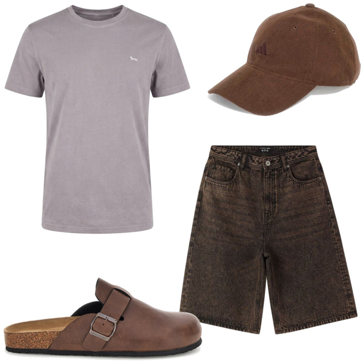 Outfit uomo - Al mare. Stile Casual per Mare. Abbinamento con bermuda, t-shirt, cappelli con visiera, sandali.