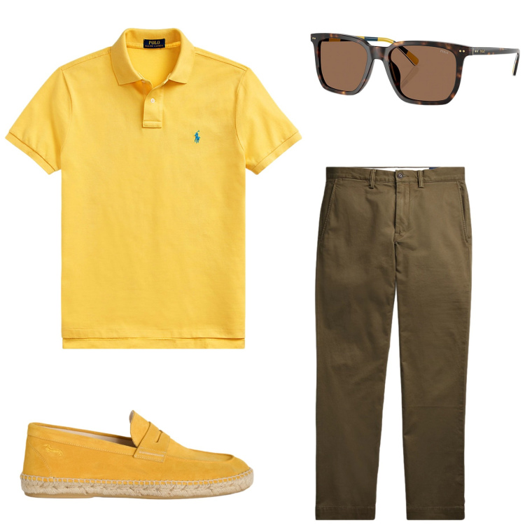Outfit uomo - Colori accesi. Stile Casual per Tutti i giorni. Abbinamento con espadrillas, polo, occhiali da sole, pantaloni.