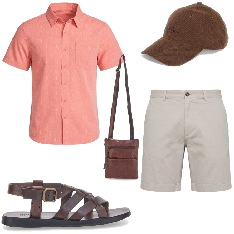 Outfit uomo - Visitando città. Stile Casual per Tutti i giorni. Abbinamento con bermuda, portafogli, sandali, cappelli con visiera, camicie a manica corta.