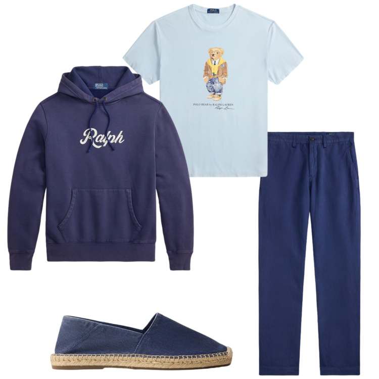 Outfit uomo - Sera di fine agosto. Stile Casual per Tutti i giorni. Abbinamento con pantaloni, t-shirt, espadrillas, felpe con cappuccio.