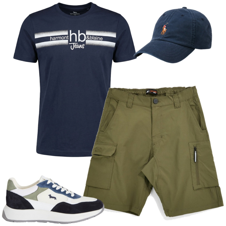 Outfit uomo - Agosto. Stile Casual per Tutti i giorni. Abbinamento con sneakers, t-shirt, cappelli, bermuda.