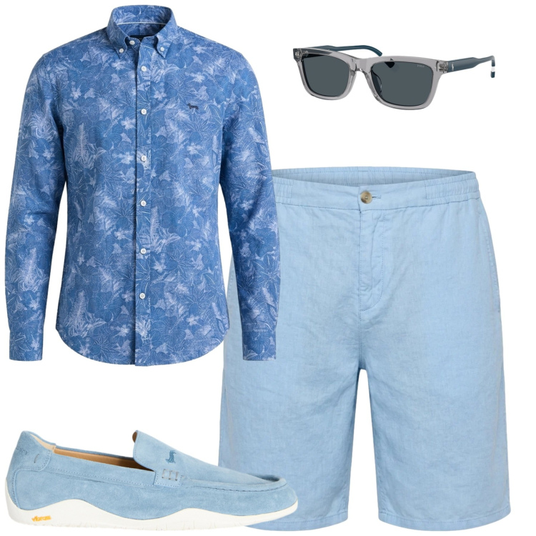 Outfit uomo - Aperitivo. Stile Casual per Serata speciale. Abbinamento con scarpe stringate, camicie, bermuda, occhiali da sole.