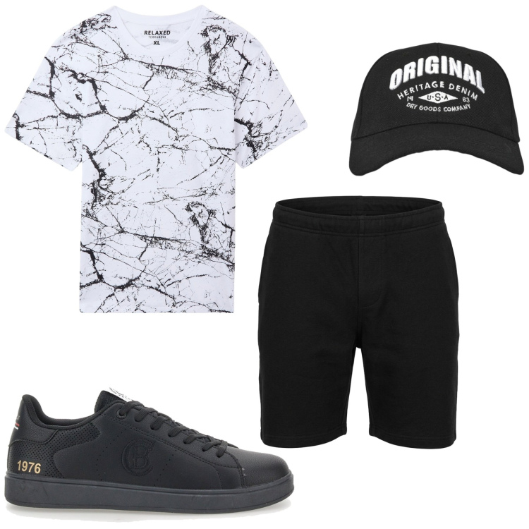 Outfit uomo - Total look #2444767. Stile Casual per Tutti i giorni. Abbinamento con cappelli con visiera, t-shirt, shorts, sneakers.
