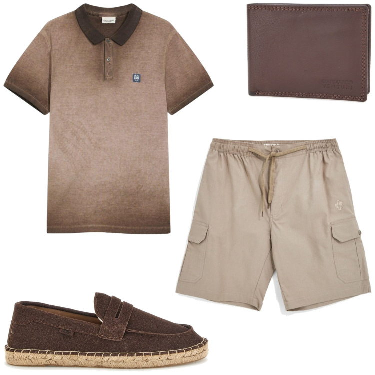Outfit uomo - Colori della terra. Stile Casual per Tutti i giorni. Abbinamento con polo, portafogli, bermuda, espadrillas.