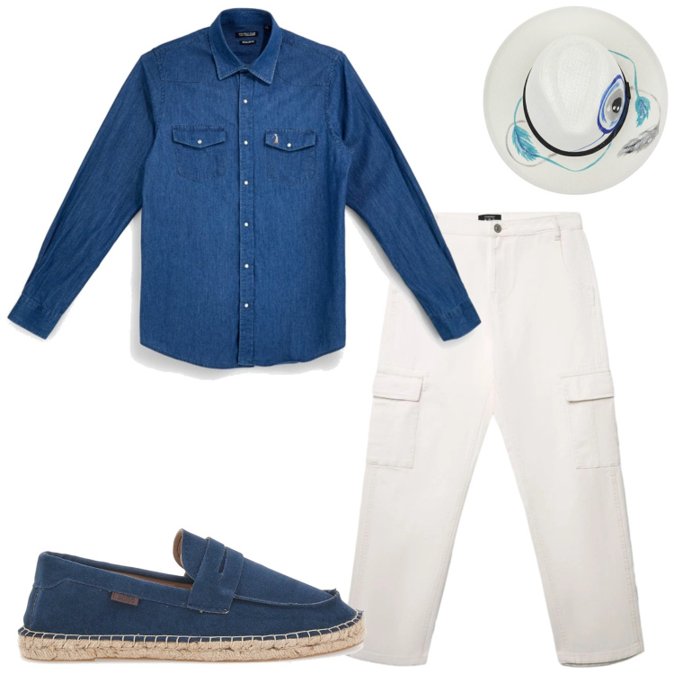 Outfit uomo - Serata al mare. Stile Trendy per Serata speciale. Abbinamento con pantaloni cargo, espadrillas, camicie, cappelli.
